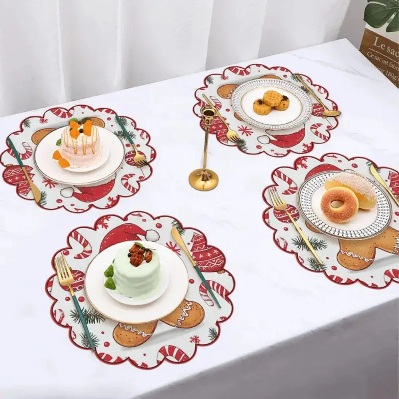 Kit 4 Jogos Americanos Redondos Natalinos – Ondas Circulares | Antiderrapante, Resistente ao Calor | Decoração para Mesa de Natal e Festas