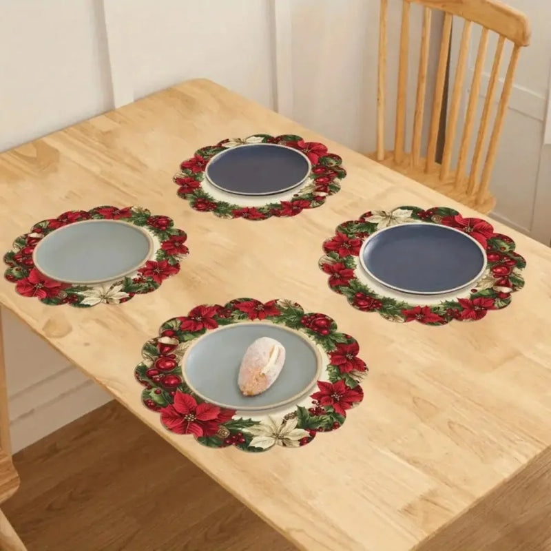 Kit 4 Jogos Americanos Redondos Natalinos – Ondas Circulares | Antiderrapante, Resistente ao Calor | Decoração para Mesa de Natal e Festas