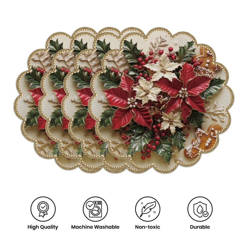 Kit 4 Jogos Americanos Redondos Natalinos – Ondas Circulares | Antiderrapante, Resistente ao Calor | Decoração para Mesa de Natal e Festas